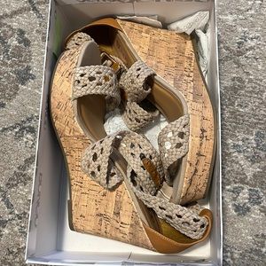 Cork platform heel comfortable orig box excellent condition, espadrille inspired